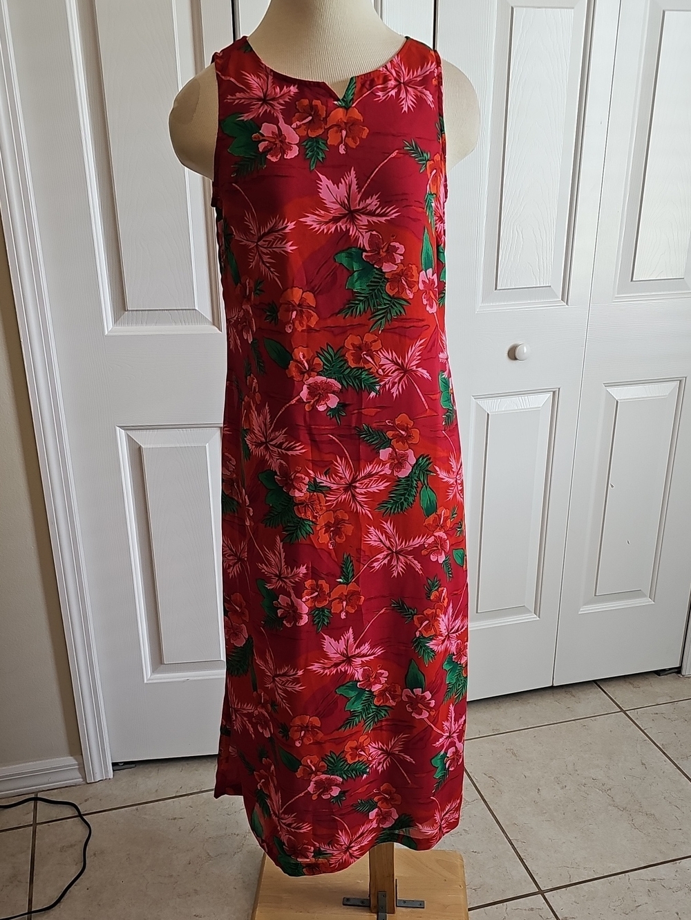 Coco Bianco Tropical Floral Maxi Dress Womens Size 8 Red Hibiscus Palm Polyester